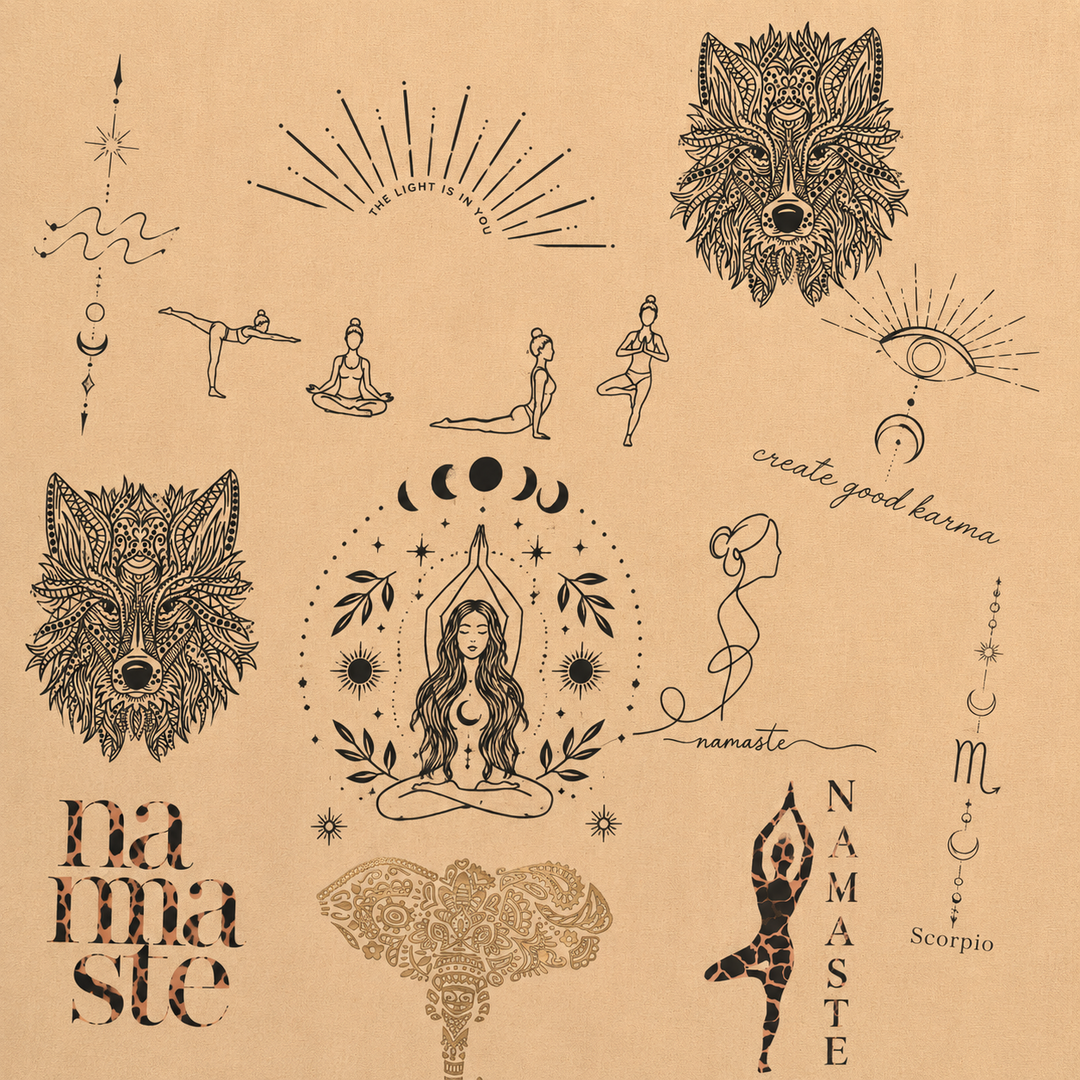 Beiger Baumwoll-Stoffbeutel mit schwarzem Boho-Mandala, Yoga-Motiven, Mondphasen, Wolf, Elefant, Lotus und spirituellen Naturmotiven