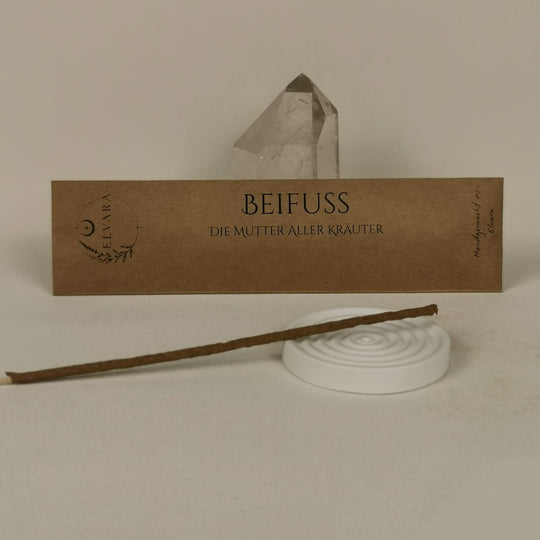 Beifuß Räucherstäbchen von Elvara mit Verpackung und Halter aus Keramik