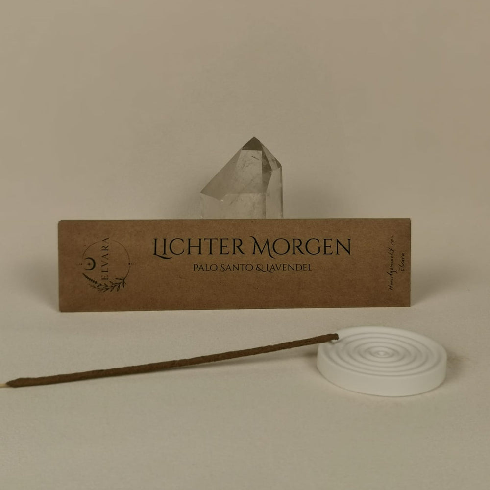 Räucherstäbchen Lichter Morgen von Elvara mit Verpackung, Halter aus Keramik und Bergkristall