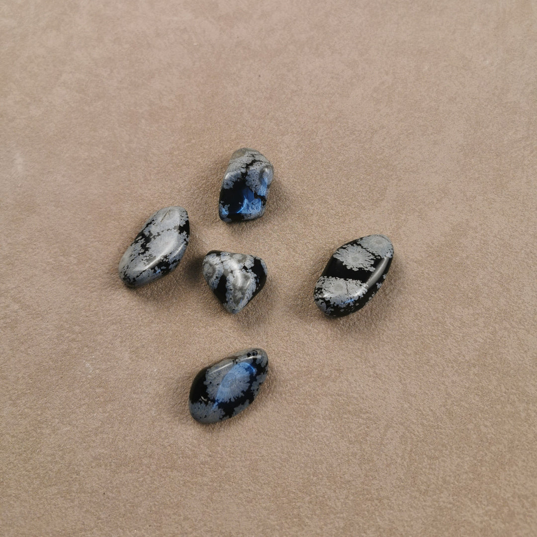 Schneeflockenobsidian Trommelstein in Schwarz mit weißer Zeichnung