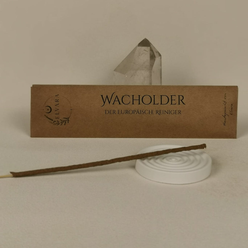 Wacholder Räucherstäbchen von Elvara mit Verpackung, Halter aus Keramik und Bergkristall