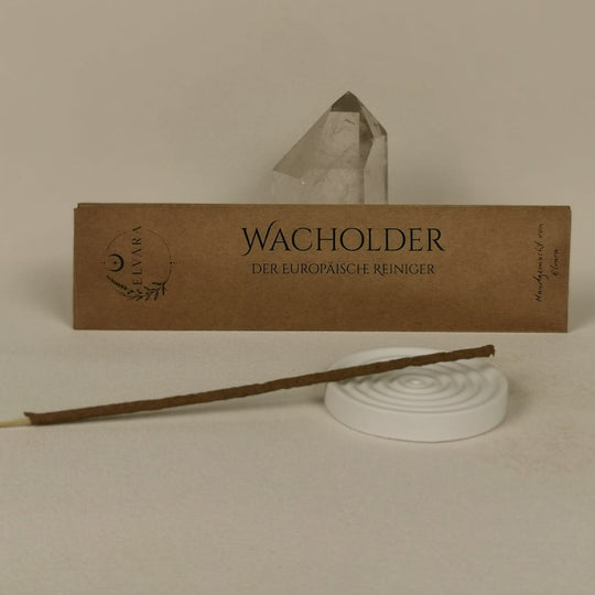 Wacholder Räucherstäbchen von Elvara mit Verpackung, Halter aus Keramik und Bergkristall